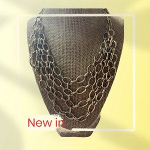 Ann Taylor Gold Tone Bib Necklace Chain Link Moto Steampunk Adjustable 23"